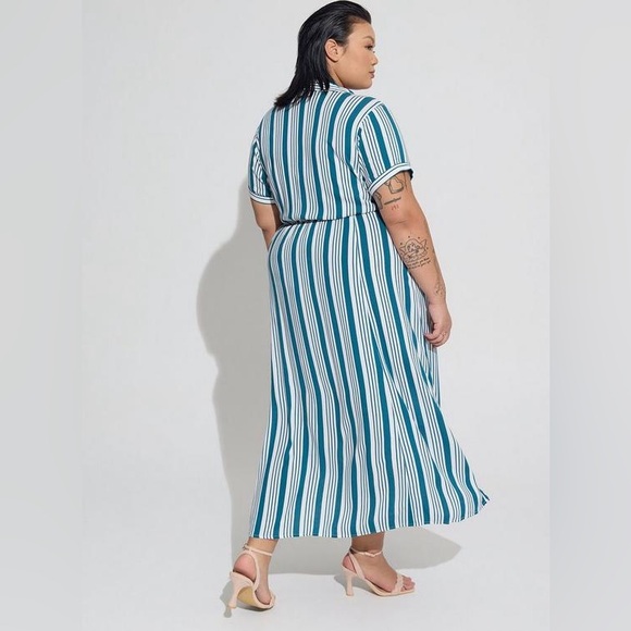 Torrid Maxi Rayon Slub Button Front Godet A-line Dress Strip Blue 00 - Picture 8 of 9